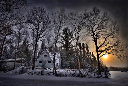 冬季景观, 日落, 冬天, 雪, 房子, 树木, 太阳