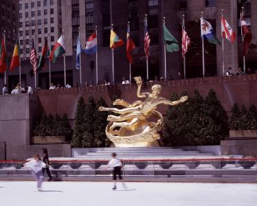 纽约城, 洛克菲勒中心, 滑冰, 溜冰场, 普罗米修斯雕像, 旗帜, 曼哈顿