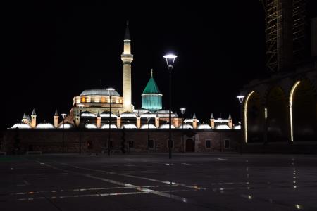科尼亚, mevlana 博物馆, 伊斯兰, 宗教, 具有里程碑意义, 晚上, 黑暗