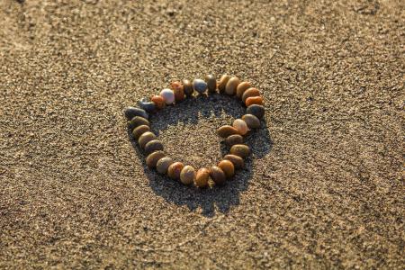 心, 水钻, 沙子, 海滩, 海洋, 心的形状, 爱
