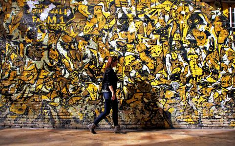 黄色, 妇女, 女孩, 街道, 涂鸦, 老, 墙上