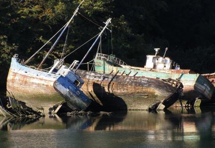 小船, 旧船, 残骸, 布列塔尼, 海, 假日, 海岸