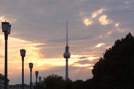 广播电视塔, 柏林, 晚上, 天空, 云彩, 太阳, 灯笼