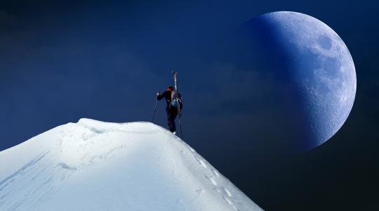 月亮, 山脉, 雪, 首脑会议, 徒步旅行, 天空, 满月
