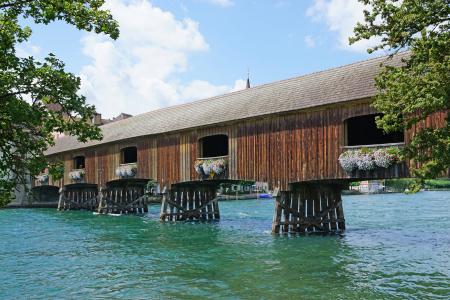 这座木桥, 海关桥, 桁架, 马鞍屋顶, 莱茵河, 瑞士德国, 德国-瑞士