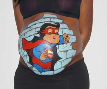 bellypaint, 腹部, 超人, 肚皮画, 怀孕, 宝贝, 婴儿洗澡