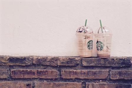 星巴克, 咖啡, 饮料, 砖, 墙上