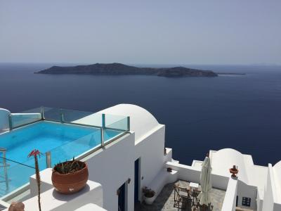 圣托里尼岛, 海洋, 岛屿, 酒店, 白色的建筑, 希腊, 希腊小岛
