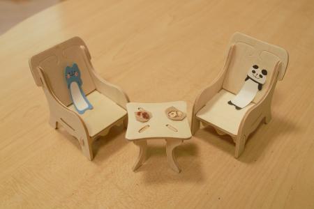 微型, 木工, 椅子, 表, 熊猫, 猫, 木材-材料