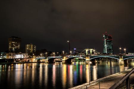 德国法兰克福, 在晚上, 天际线, 河, 桥梁, abendstimmung