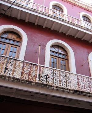 波多黎各, 建设, 门廊, 老建筑, 红色, 建筑栏杆, 立面
