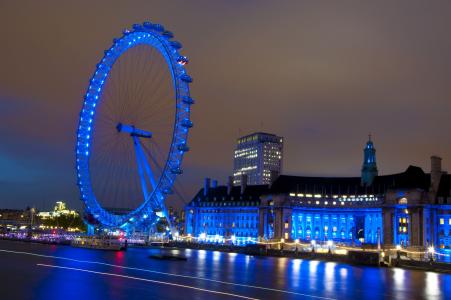 伦敦眼, 伦敦, 英国, 英格兰, 感兴趣的地方, 晚上, 摩天轮