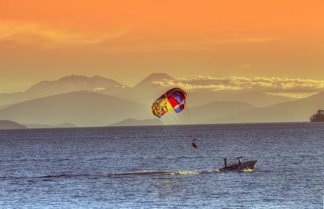 陶波湖, 新西兰, 北岛, 小船, 日落, 火山, 降落伞