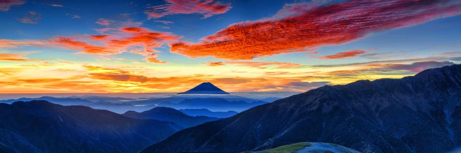 全景景观, 朝霞, 富士山, 红云, 南阿尔卑斯山, 10 月, 日本