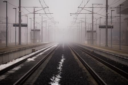 景深的, 空, 雾, 灯柱, 线, 平台, 铁路