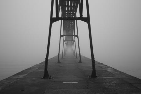 黑白, 工程, 有雾, 行人路, 路径, 钢和混凝土结构, 钢桥