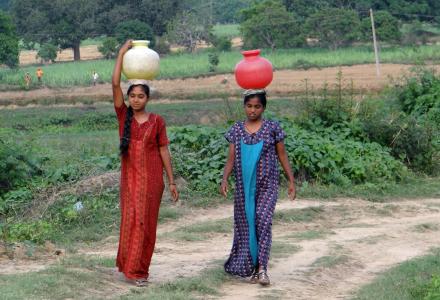 妇女, 村庄, 挑水, 壶, 手-, 平衡, 卡纳塔克
