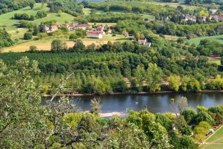 河, 多尔多涅河, 鸟瞰图, 法国, 森林, 景观, 村庄