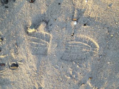 鞋足迹, 沙子, 海滩