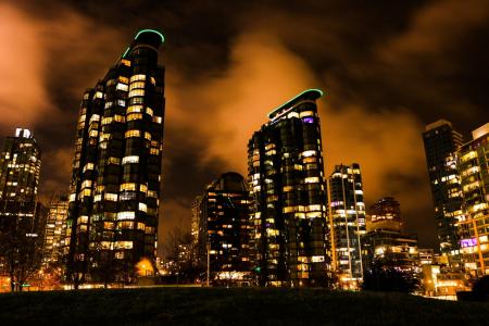 晚上, 云彩, 天际线, 摩天大楼, 温哥华, 市中心, 照明