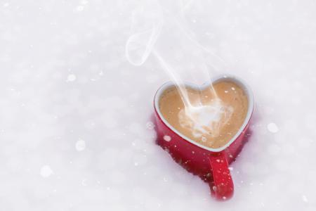 情人节那天, 情人节, 爱, 咖啡, 心杯, 雪, 冬天