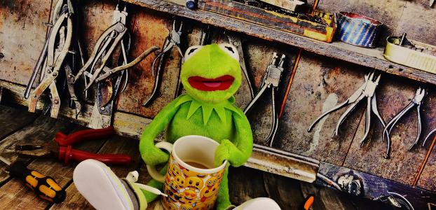 克米特, 讲习班, 喝咖啡休息时间, 钳子, 青蛙, 有趣的工作, 杯