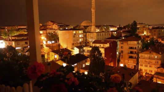 城市, 晚上, 视图, 阳台, tarabya