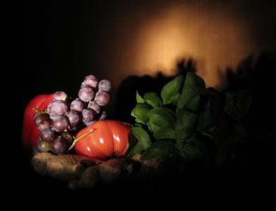 水果, 寂静的自然, 成熟的, 番茄, 葡萄, 组成, 罗勒