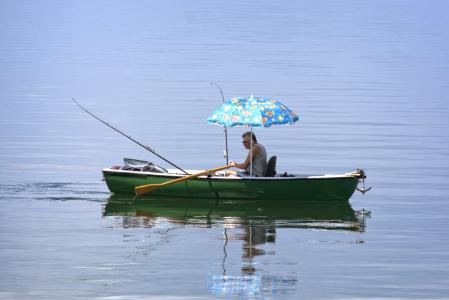划艇, 启动, 人, 垂钓者, 湖, 水, 阳伞