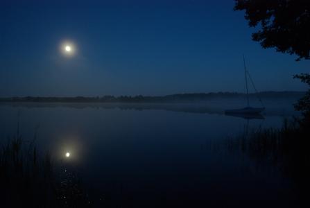 小船, 月亮, 晚上, 波兰, 自然, 安静, 景观