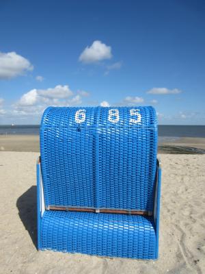 海滩, 蓝色, 沙滩椅, 云彩