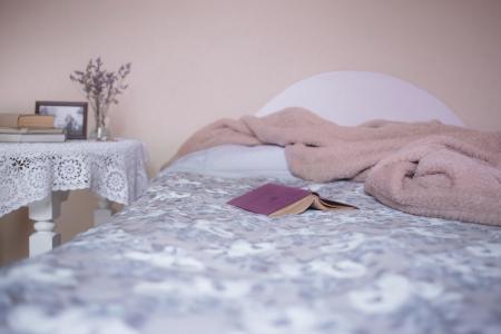 床上, 卧室, 橡皮布, 书籍, 封面, 舒适的, 垫层