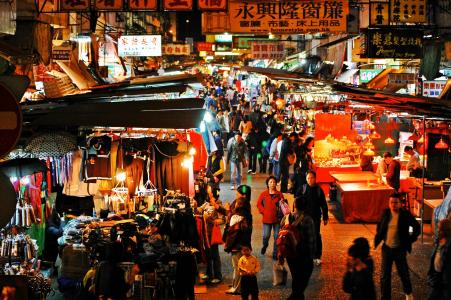 香港, 夜市, 晚上, 市场, 城市, 中国, 街道