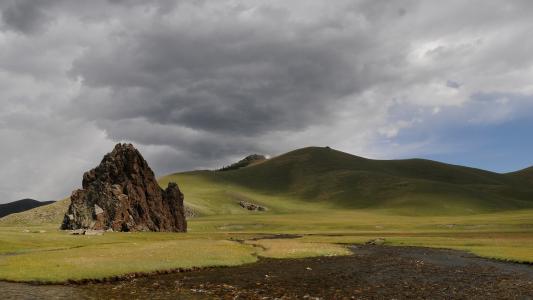 景观, 蒙古, 云彩, 宽, 自然, 山, 草