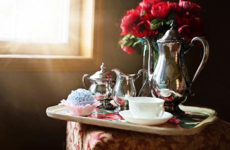 银茶具, 银, 茶壶, 茶, 设置, 传统, 年份