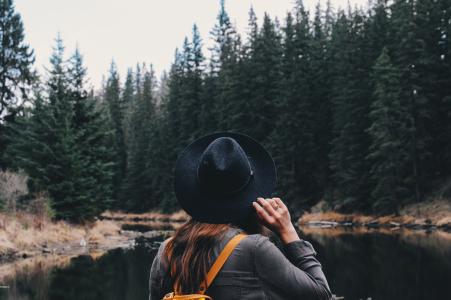 女性, 森林, 女孩, 帽子, 湖, 河, 树木