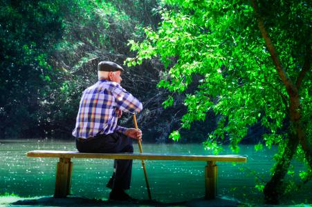 老年, 沉思他的生活, 看着水, 男子, 户外, 自然, 一个人