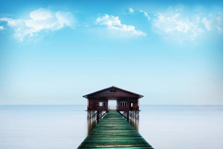 蓝色, 海洋, 房子, 桥梁, 浮动 pontooon, 景观, 天空