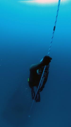 蓝色, 深, 潜水员, 海洋, 海, 水, 绳子