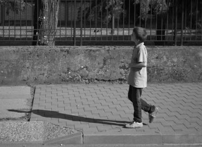 男孩, 街道, 行走, 儿童, 孤独, 黑色和白色