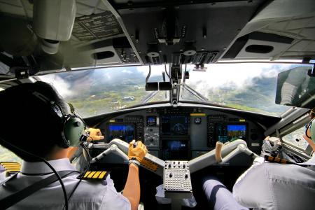返回, 飞行员, 婆罗洲, dhc-6-400 驾驶舱, 飞, kelabit 高地, de 德哈维兰