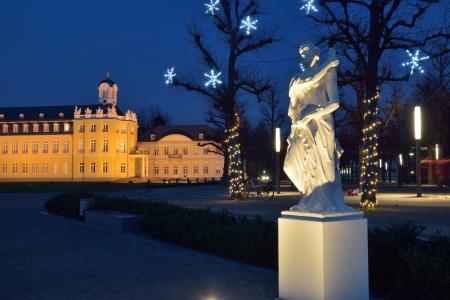 城堡, 圣诞节, 雕像, 蓝色小时, 卡尔斯鲁厄, abendstimmung, 城堡照明