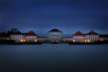 慕尼黑, 宁芬堡宫, 蓝色小时, 晚上, 建筑, 城市景观, 房子