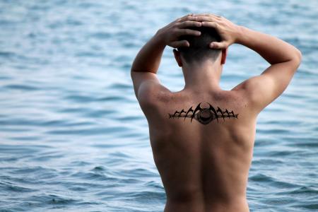男子, 移动, 纹身, 遥远, 水, 海