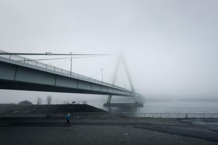 悬索桥, 现代, 穿越, 河, 建筑, 雾, 雾