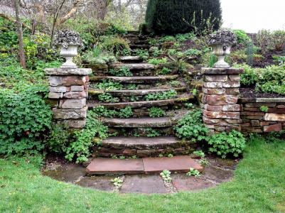 步骤, 石头, 正式, 花园, 楼梯, 支柱, 草