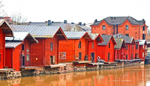 波尔沃, 芬兰, 木结构房屋, 河, 在水面上, 斯堪的那维亚, 芬兰语