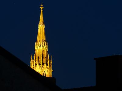 圣洁十字架教会, 尖塔, giesing, 慕尼黑, 晚上, 十字架, 房子里的崇拜