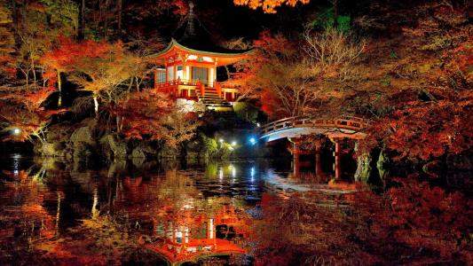日本花园反映在池塘全高清壁纸和背景