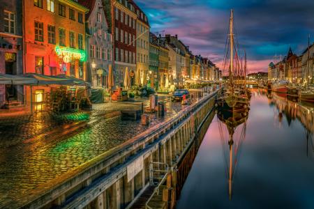 哥本哈根,丹麦晚上5k视网膜超高清壁纸和背景图像